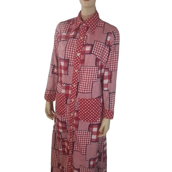 Vtg 70s red gingham plaid patchwork long sleeve maxi dress - Picture 2 of 12